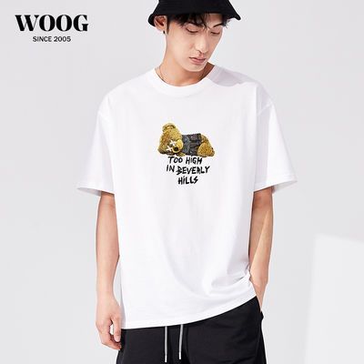 40853/WOOG2005男生小熊T恤ins潮牌短袖宽松印花半袖男士体恤情侣衣服