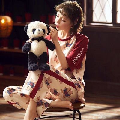74067/夏季女士短袖长裤可外穿家居服学生韩版可爱甜美卡通条纹棉质睡衣
