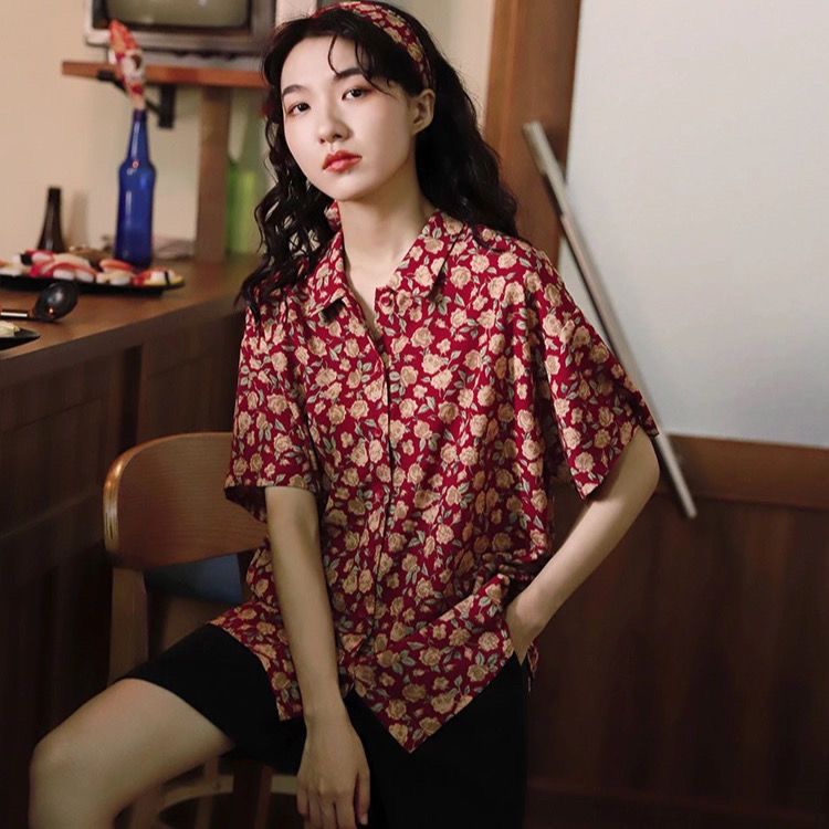 Floral Chiffon Shirt Women's Retro Hong Kong Style 2021 Summer New Rose Vintage Hong Kong Style Printed Short-sleeved Shirt Top