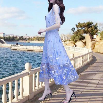 蓝色高档连衣裙2024新款仙气飘飘纱网女装裙子超仙潮流爆款仙女裙