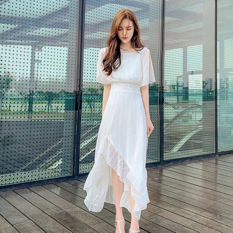 白色气质收腰雪纺仙女长裙显瘦中长款连衣裙裙子女装夏装一件代发