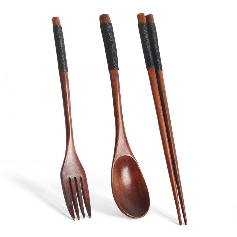 Korean wooden tableware creative color wooden spoon two-piece set solid wood long handle couple spoon chopsticks to send portable lunch box