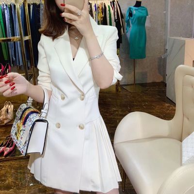 78656/2020春秋新款女西装OL通勤御姐百褶修身白色小西服女士西装裙9143