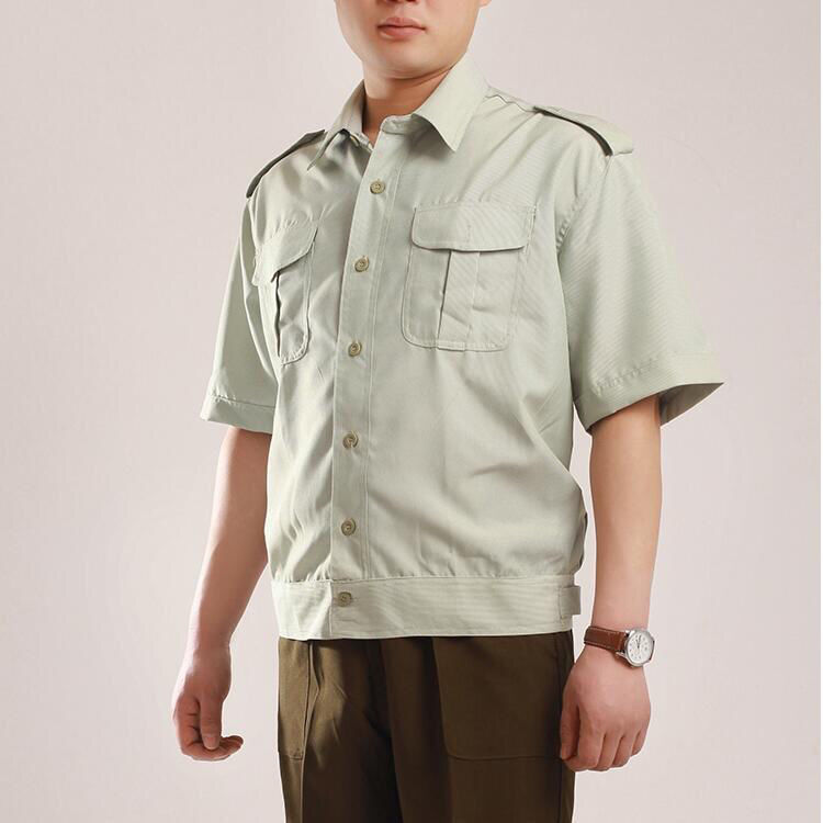 库存老式浅绿色细条纹短袖衬衣夹克收腰夏季老年衬衣速干型军训服【2