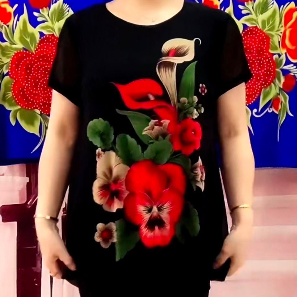 宽松大码显瘦减龄大版衫中老年遮肚遮胃短袖弹力大码花衫