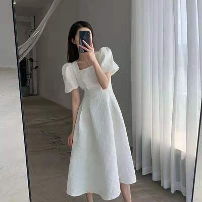 77016/白色裙子连衣裙短袖黑色气质名媛显瘦长款新款ins风夏季女中长裙