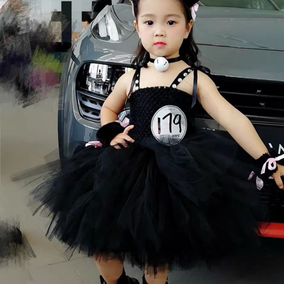 Kinder-Katzenmädchen-Kostüm, beliebtes Mutter-Tochter-Partneroutfit, schwarzes Kätzchen-Show-Halloween-Puffkleid_voghion.com