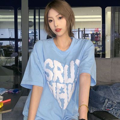 67004/棉质爱心云朵字母印花短袖t恤女国潮风情侣款甜美可爱宽松上衣夏