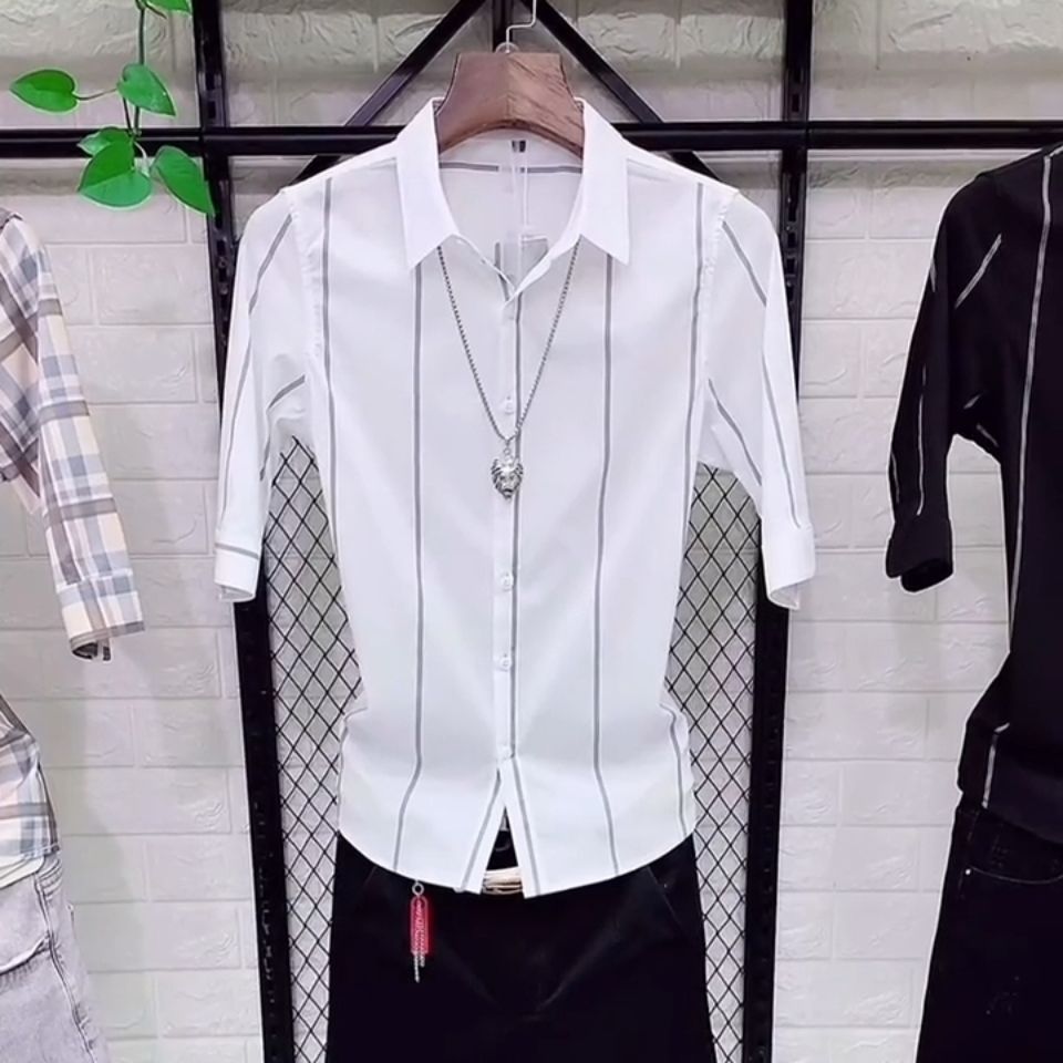 网红同款夏季新款衬衫男短袖潮流帅气上衣服发型师潮牌五分袖寸衫