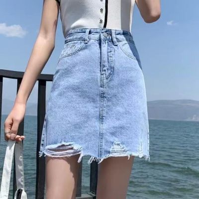 61012/2021新款高腰牛仔半身裙短裙女夏季a字包臀破洞毛边ins超火裙子潮