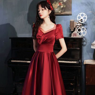 60380/敬酒服新娘2021新款酒红色气质显瘦订婚连衣裙修身晚礼服平时可穿