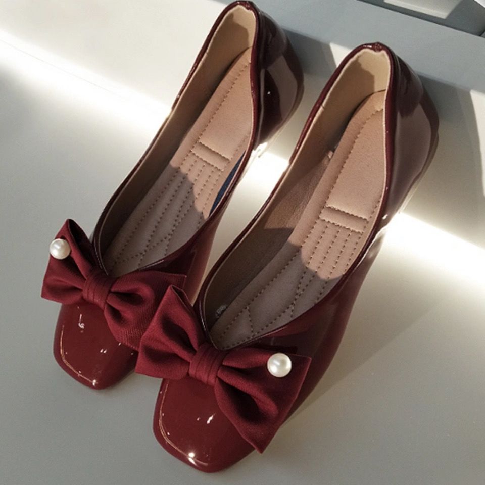 软皮单鞋女2021秋新款平底鞋浅口蝴蝶结方头晚风温柔鞋夏季豆豆鞋