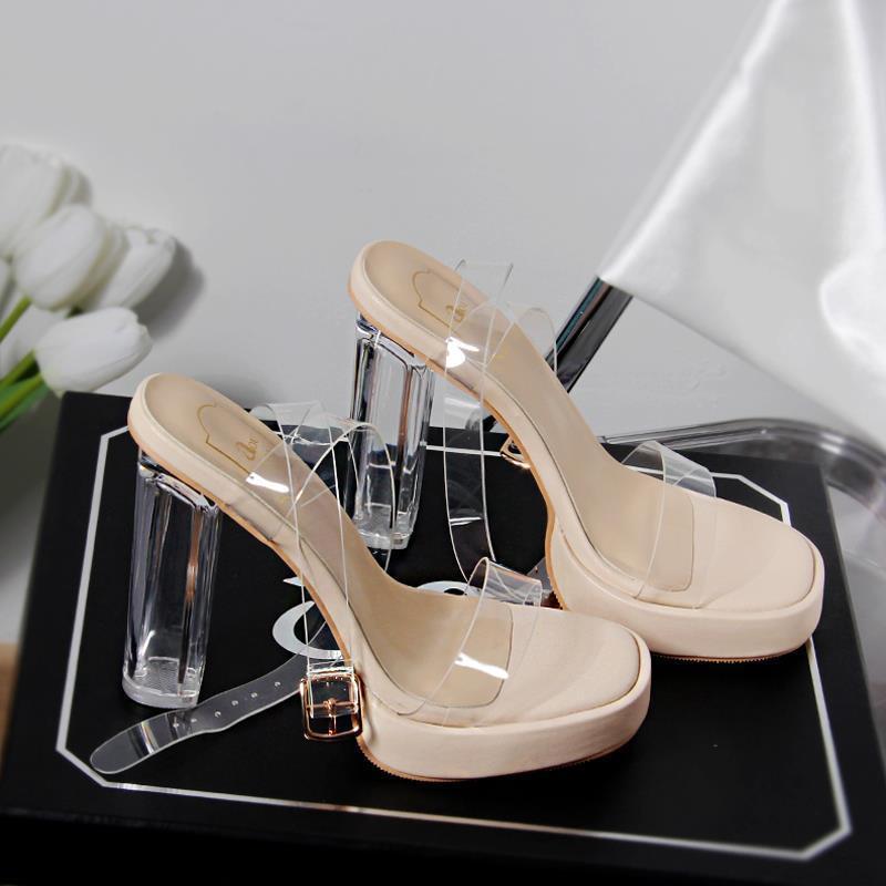 Internet celebrity transparent open toe one word with thick heel waterproof platform high heel sandals  new female summer fairy style small size