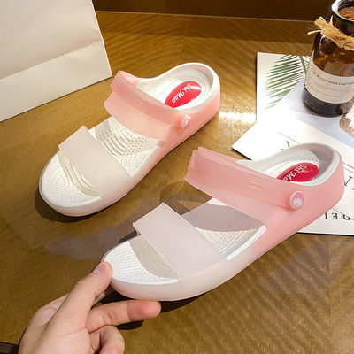 70595/洞洞鞋女夏季韩版护士小清新透明水晶软底一字拖鞋女果冻鞋潮凉鞋