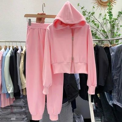 60251/灰色连帽运动服两件套女2021秋冬季新款宽松拉链卫衣裤子休闲套装