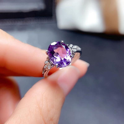 S925纯银天然巴西紫水晶戒指女日韩时尚百搭款紫水晶镶嵌指环