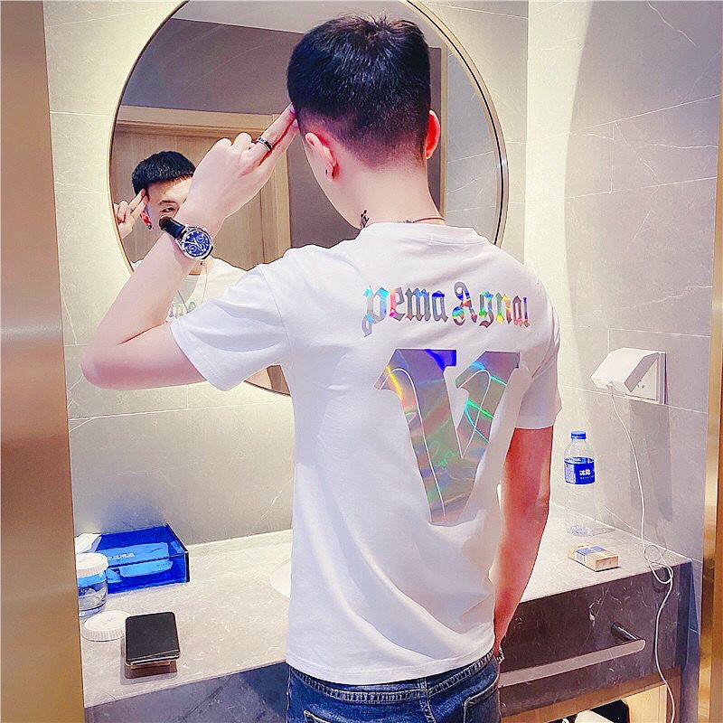 Short sleeved T-shirt, men's pure cotton, trendy and versatile, handsome, slim fitting, round neck, sequin reflective_voghion.com