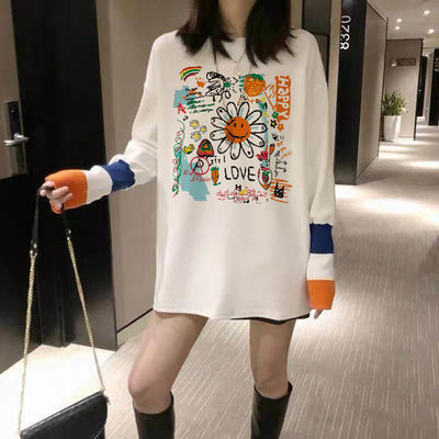 89066/韩版印花春秋长袖T恤青少年圆领纯棉宽松体恤学生2021新款拼接潮