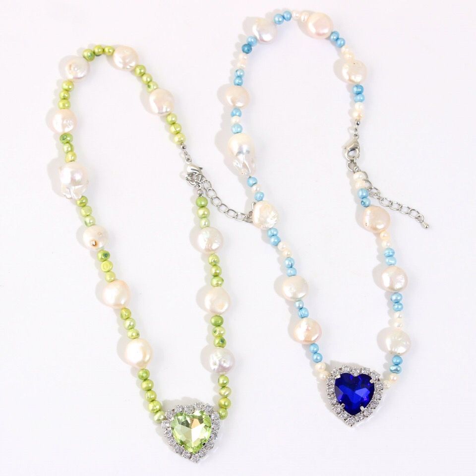 欧美时尚蓝钻绿钻心形巴洛克珍珠串珠项链复古宫廷风