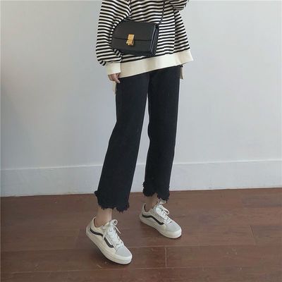 90539/春秋新款韩版大码胖mm牛仔裤女宽松显瘦学生直筒裤毛边九分阔腿裤