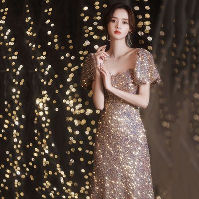 60375/宴会晚礼服2021新款礼服裙长款优雅气质主持人年会礼服女平时可穿