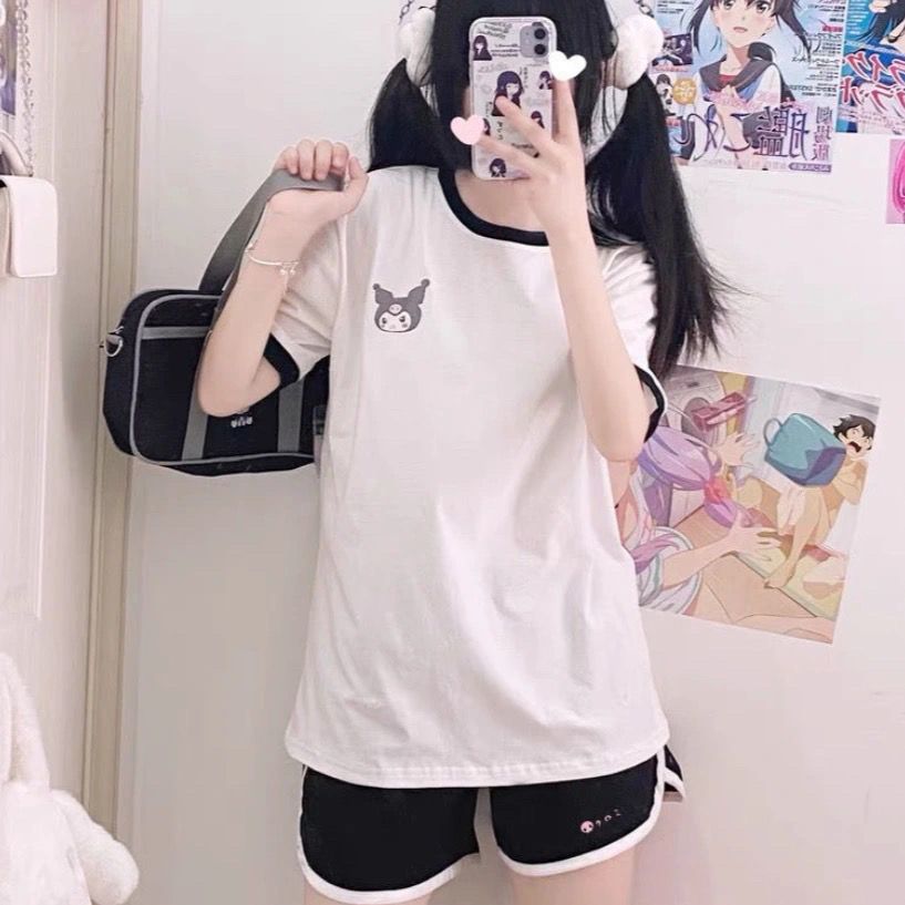 Kulomi Japanese cute soft girl gym suit casual sports two-piece suit loose student short-sleeved T-shirt shorts