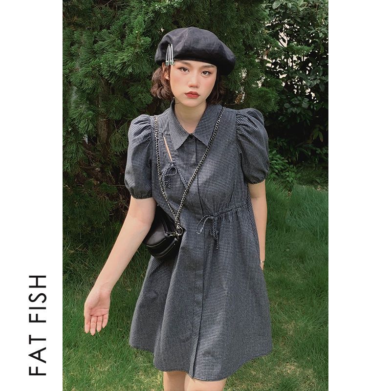 New Xia Hepburn style design sense little black dress retro niche puff sleeve tie waist plaid dress shirt dress