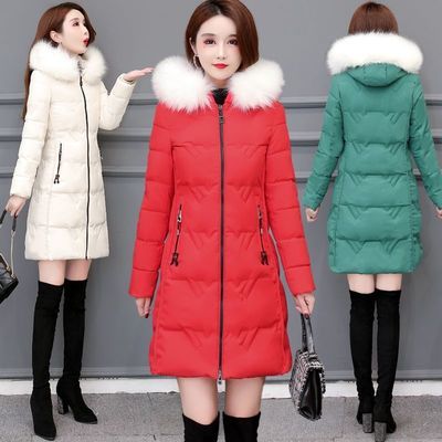 76425/棉服女2021新款加厚棉袄纯色显瘦毛领棉衣休闲中长款大码棉外套潮
