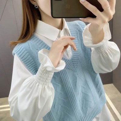 75650/2021年新款毛衣女装衬衫马甲背心两件套装针织衫春秋宽松洋气百搭