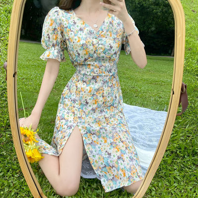 58469/雪纺夏天泡泡袖短袖v领碎花连衣裙女法式气质中长款开叉a字裙潮女