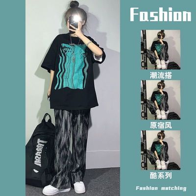 57002/盐系套装女夏季新款学生韩版宽松短袖T恤+扎染休闲阔腿裤子两件套
