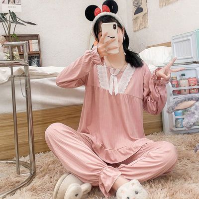 56209/睡衣女长袖套装春秋季新款性感蕾丝边宽松大码家居服纯色网红睡衣
