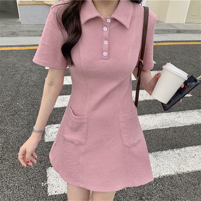 88349/日系减龄学院风夏季新短袖polo领连衣裙女韩版清新显瘦A字T恤裙
