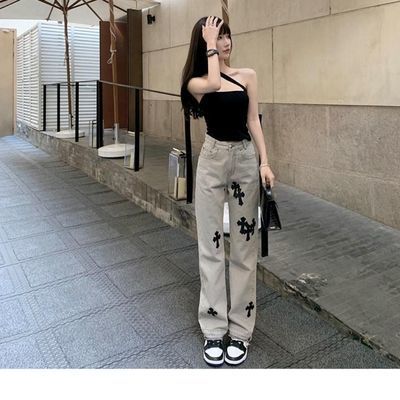 66035/辣妹十字架直筒牛仔裤女宽松大码胖妹妹高腰显瘦阔腿坠感长裤女装