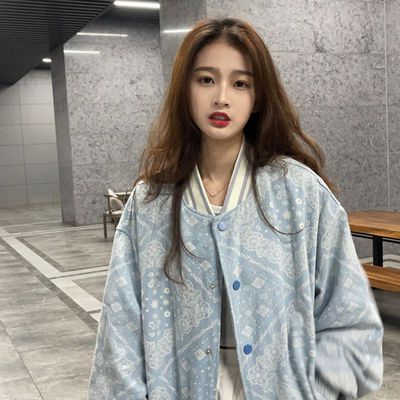 56951/2021秋冬新款复古腰果花棒球服外套女街头潮牌嘻哈宽松情侣装夹克