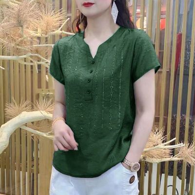 65892/烫钻短袖V领冰丝雪纺衫女夏季新款宽松显瘦衬衫大码遮肚减龄上衣