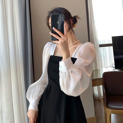 59044/长袖黑色欧根纱炸街连衣裙女新款春夏拼接方领法式裙子复古网纱裙
