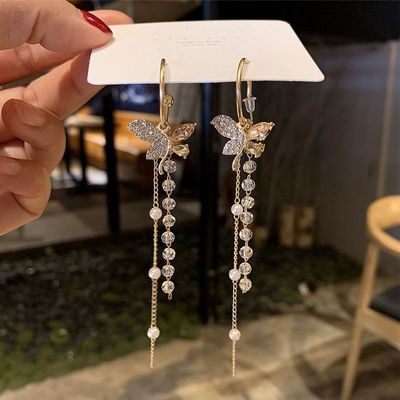 121100/S925银针长款蝴蝶耳环女 创意水晶流苏耳坠 气质百搭新款耳饰女