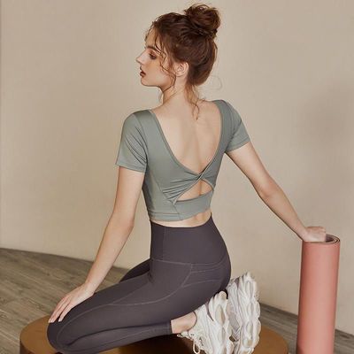 54266/带胸垫健身服女夏季网红运动上衣跑步专业训练显瘦瑜伽短袖T恤女