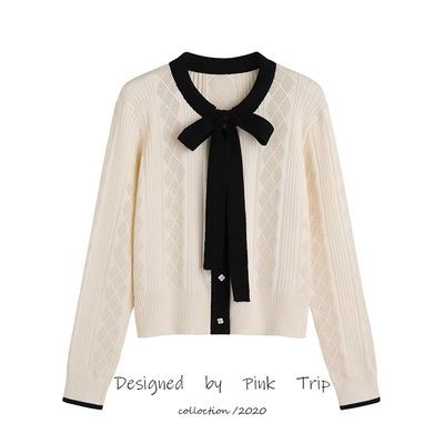 74328/系带蝴蝶结针织开衫春秋新款女装撞色镂空针织衫短款修身外套上衣