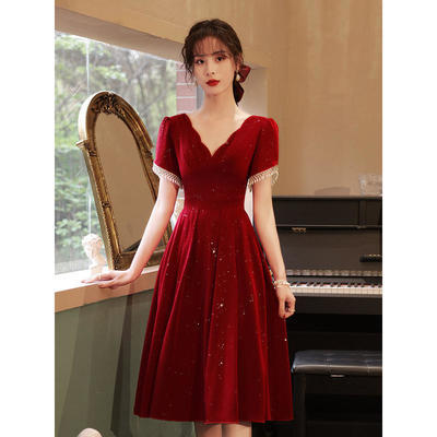 70602/敬酒服新娘2021新款女夏季酒红色结婚订婚回门晚礼服裙平时可穿