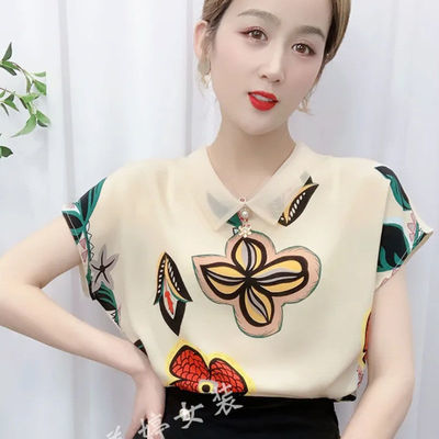 61078/时尚减龄女夏2021新款娃娃领雪纺衫高端印花大码衬衫洋气宽松小衫