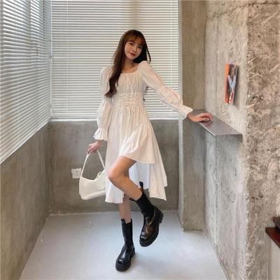 57929/超A甜酷风显瘦不规则连衣裙女春季2021年新款法式复古黑色中长裙