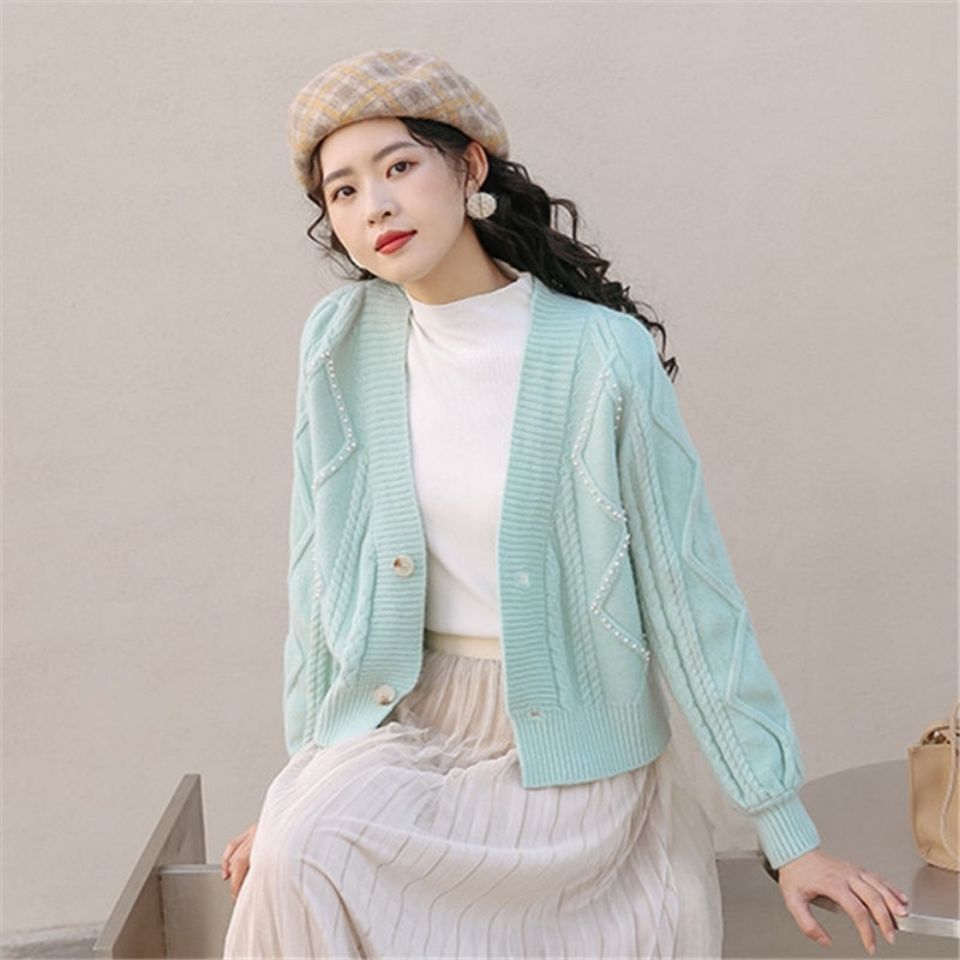 毛衫高货精选针织开衫女珍珠毛衣外套2021年新款显瘦外搭针织衫女