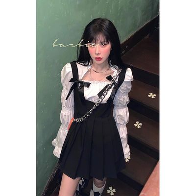 78929/时尚套装女春秋美式辣妹连衣裙背带百褶裙+泡泡袖长袖上衣两件套