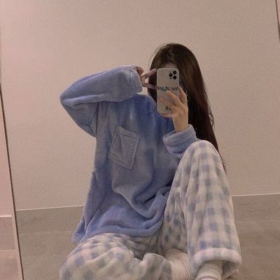 77410/韩版睡衣女冬季法兰绒加绒加厚珊瑚绒网红风宽松可外穿家居服套装