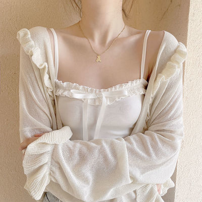 60625/新款大花边抽褶丝带蝴蝶结夏日清凉可爱少女修身纯欲风内搭小吊带