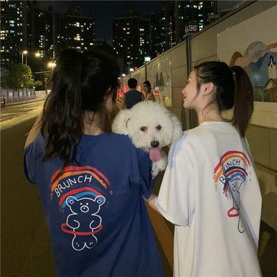 57809/闺蜜装彩虹小熊夏季新款女学生韩版宽松印花短袖t恤ins潮上衣
