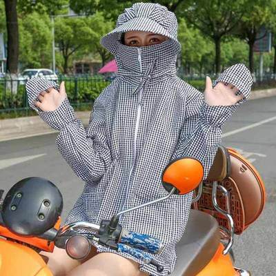 53829/夏季短款连帽防晒衣女 格子骑车遮面口罩遮阳衣 小清新女装外套薄