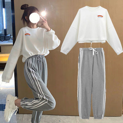 70069/秋季运动服套装女2021新款洋气宽松彩虹长袖卫衣休闲哈伦裤两件套